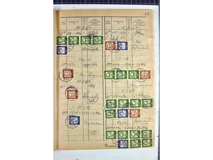 1960/64, Teil eines großformatigen Einlieferungsheftes, über 60 Blatt (wenige mit Fehlstellen), alle frankiert, meist mit Heu