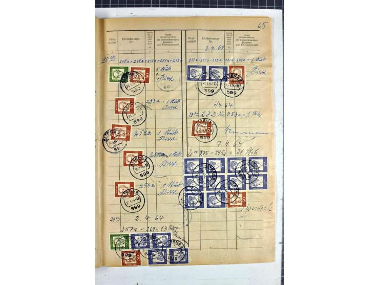 1960/64, Teil eines großformatigen Einlieferungsheftes, über 60 Blatt (wenige mit Fehlstellen), alle frankiert, meist mit Heu