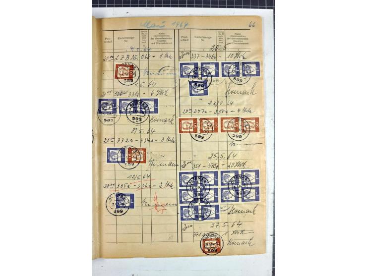 1960/64, Teil eines großformatigen Einlieferungsheftes, über 60 Blatt (wenige mit Fehlstellen), alle frankiert, meist mit Heu
