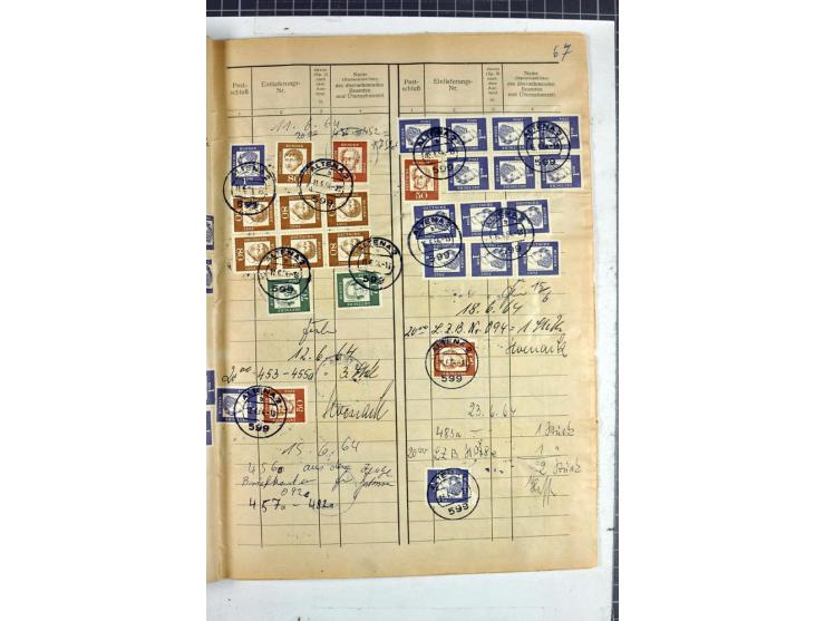 1960/64, Teil eines großformatigen Einlieferungsheftes, über 60 Blatt (wenige mit Fehlstellen), alle frankiert, meist mit Heu