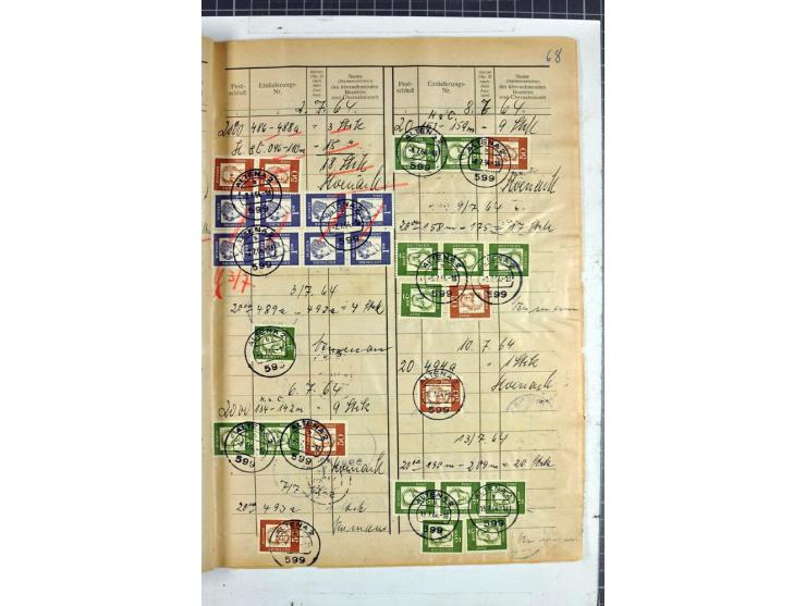 1960/64, Teil eines großformatigen Einlieferungsheftes, über 60 Blatt (wenige mit Fehlstellen), alle frankiert, meist mit Heu