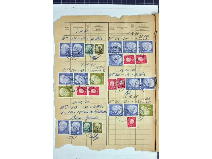 1960/64, Teil eines großformatigen Einlieferungsheftes, über 60 Blatt (wenige mit Fehlstellen), alle frankiert, meist mit Heu