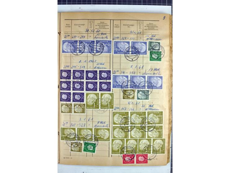 1960/64, Teil eines großformatigen Einlieferungsheftes, über 60 Blatt (wenige mit Fehlstellen), alle frankiert, meist mit Heu