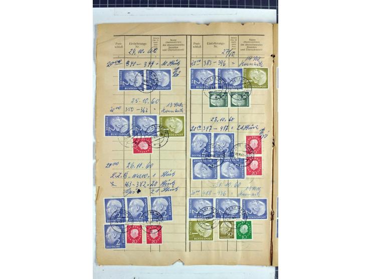 1960/64, Teil eines großformatigen Einlieferungsheftes, über 60 Blatt (wenige mit Fehlstellen), alle frankiert, meist mit Heu
