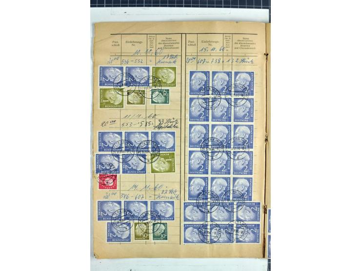 1960/64, Teil eines großformatigen Einlieferungsheftes, über 60 Blatt (wenige mit Fehlstellen), alle frankiert, meist mit Heu