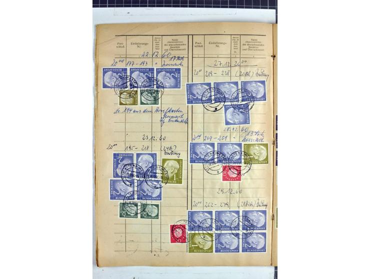 1960/64, Teil eines großformatigen Einlieferungsheftes, über 60 Blatt (wenige mit Fehlstellen), alle frankiert, meist mit Heu