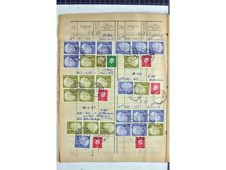 1960/64, Teil eines großformatigen Einlieferungsheftes, über 60 Blatt (wenige mit Fehlstellen), alle frankiert, meist mit Heu