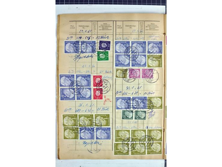 1960/64, Teil eines großformatigen Einlieferungsheftes, über 60 Blatt (wenige mit Fehlstellen), alle frankiert, meist mit Heu