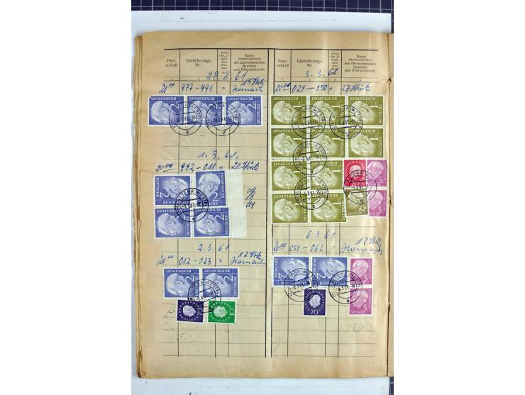 1960/64, Teil eines großformatigen Einlieferungsheftes, über 60 Blatt (wenige mit Fehlstellen), alle frankiert, meist mit Heu