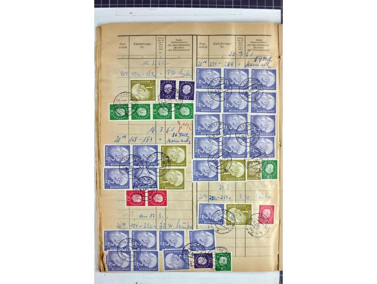 1960/64, Teil eines großformatigen Einlieferungsheftes, über 60 Blatt (wenige mit Fehlstellen), alle frankiert, meist mit Heu