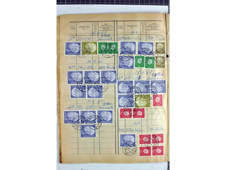 1960/64, Teil eines großformatigen Einlieferungsheftes, über 60 Blatt (wenige mit Fehlstellen), alle frankiert, meist mit Heu