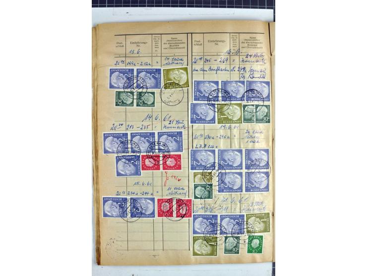 1960/64, Teil eines großformatigen Einlieferungsheftes, über 60 Blatt (wenige mit Fehlstellen), alle frankiert, meist mit Heu