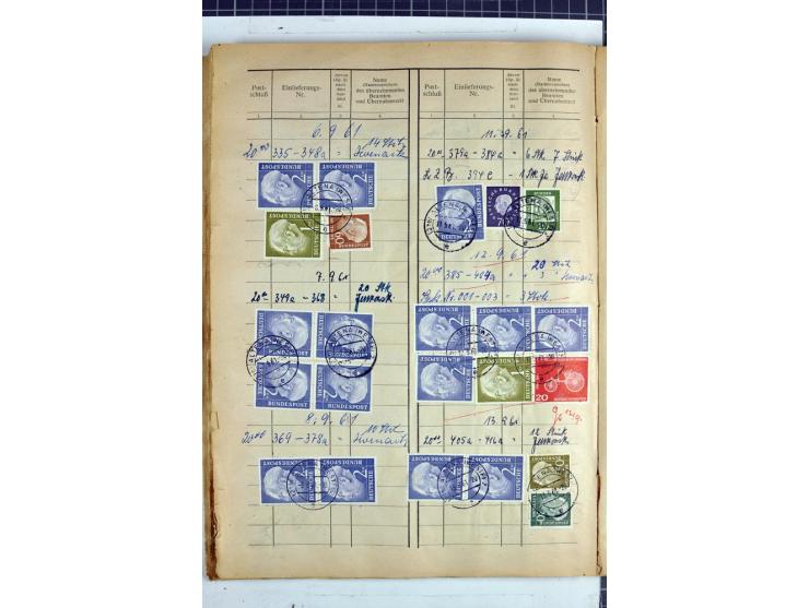 1960/64, Teil eines großformatigen Einlieferungsheftes, über 60 Blatt (wenige mit Fehlstellen), alle frankiert, meist mit Heu