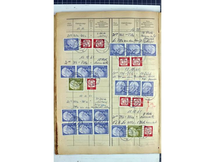 1960/64, Teil eines großformatigen Einlieferungsheftes, über 60 Blatt (wenige mit Fehlstellen), alle frankiert, meist mit Heu