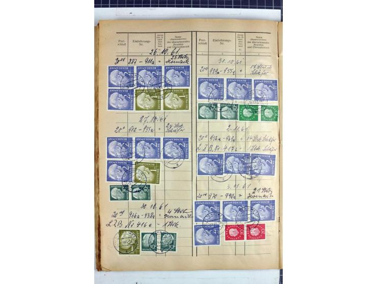 1960/64, Teil eines großformatigen Einlieferungsheftes, über 60 Blatt (wenige mit Fehlstellen), alle frankiert, meist mit Heu