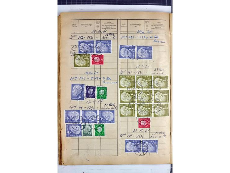 1960/64, Teil eines großformatigen Einlieferungsheftes, über 60 Blatt (wenige mit Fehlstellen), alle frankiert, meist mit Heu