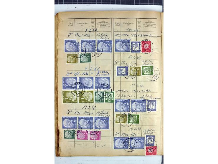 1960/64, Teil eines großformatigen Einlieferungsheftes, über 60 Blatt (wenige mit Fehlstellen), alle frankiert, meist mit Heu