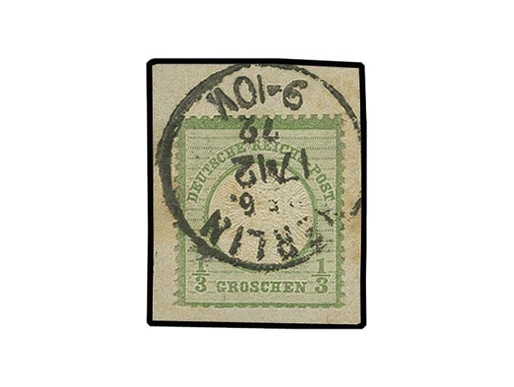 1/3 Gr. gelblichgrün mit EKr. "BERLIN P.E. 6 17 12 72" auf Briefstück mit doppelter Prägung und zusätzlich Zähnungsbesonderhe