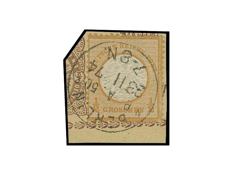 ½ Gr. orange mit EKr. "BERLIN P.A. 50 23 11 74" auf Briefstück mit doppelter Prägung, Pracht, Register-Nr. 129, Fotoatteste P