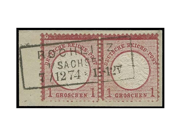 1 Gr. karmin im waagerechten Paar mit Ra3 "ROCHLITZ / I/SACHSEN / 7 12 74" auf Briefstück mit um ca. 1,6 mm nach rechts verse