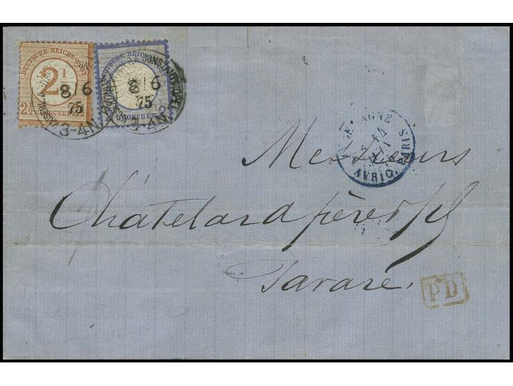 2 Gr. grauultramarin und 2½ auf 2½ Gr. braunorange mit EKr. "KAISERL. DEUTSCH. P. A. CONSTANTINOPEL 8/6 75" auf Faltbrief nac