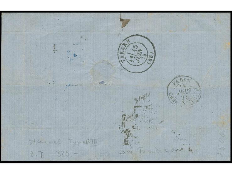 2 Gr. grauultramarin und 2½ auf 2½ Gr. braunorange mit EKr. "KAISERL. DEUTSCH. P. A. CONSTANTINOPEL 8/6 75" auf Faltbrief nac
