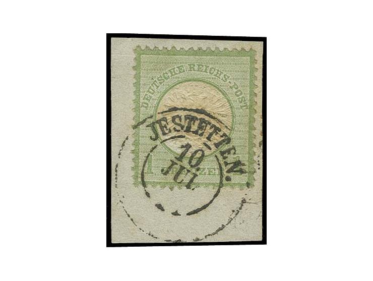 1 Kr. gelblichgrün mit Baden-DKr. "JESTETTEN 10 JUL." auf Briefstück mit ca. 1,2 mm nach rechts versetzter Doppelprägung, lei