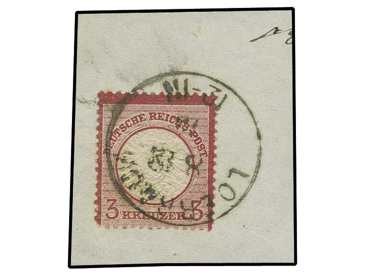 3 Kr. karmin mit EKr. "LÖRRACH 8 12 73" auf Briefstück mit um a. 1,3 mm nach rechts versetzter Doppelprägung, Register-Nr. 14