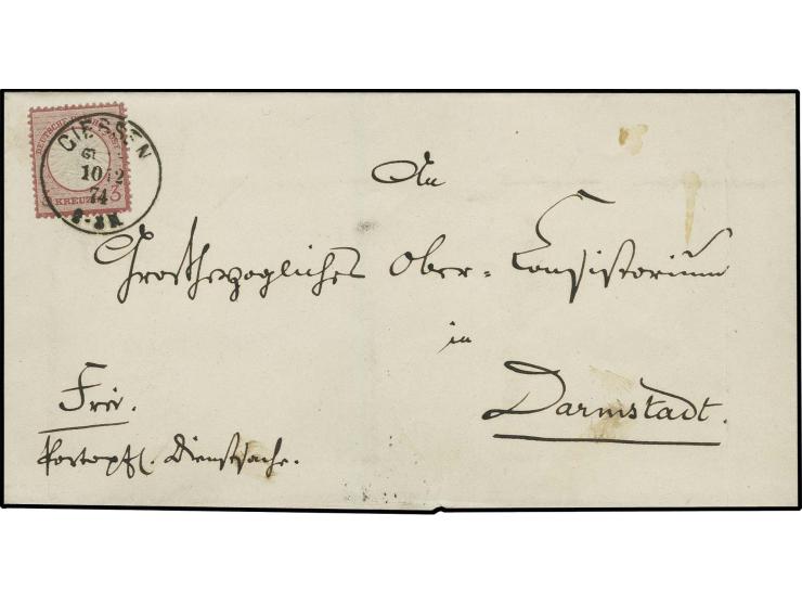 3 Kr. karmin mit EKr. "GIESSEN ST. P. E. 10 12 74" mit um ca. 1,7 mm nach rechts versetzter Doppelprägung auf Dienstfaltbrief