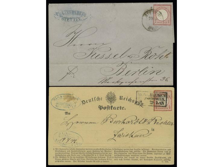 1/2 Gr. mittelbräunlichrot mit stark nach rechts versetzter Prägung auf Postkarte von "MÜHLHAUSEN IN THÜRINGEN 19.7.72", dazu