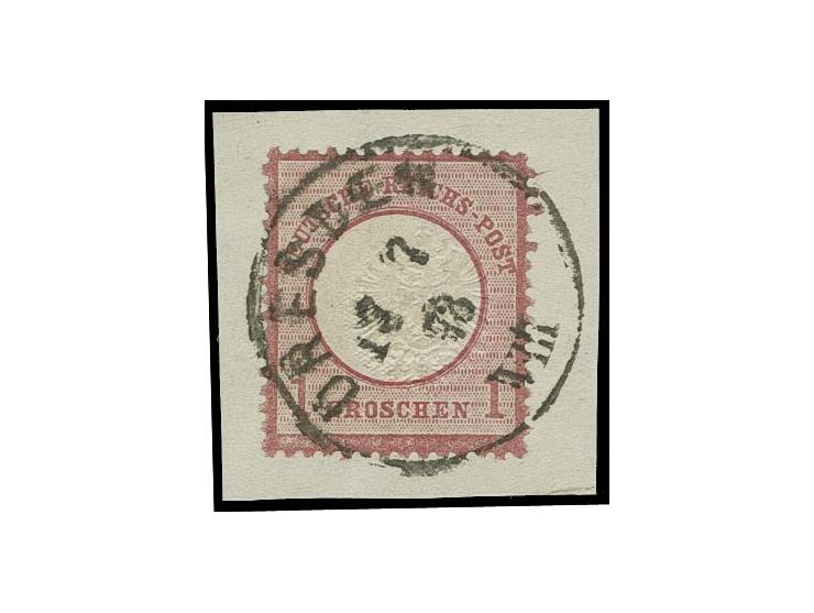 1 Gr. karmin mit EKr. "DRESDEN 17 7 73" auf Briefstück mit ca. 2,5 mm nach rechts versetzter Prägung, solch stark versetzte P
