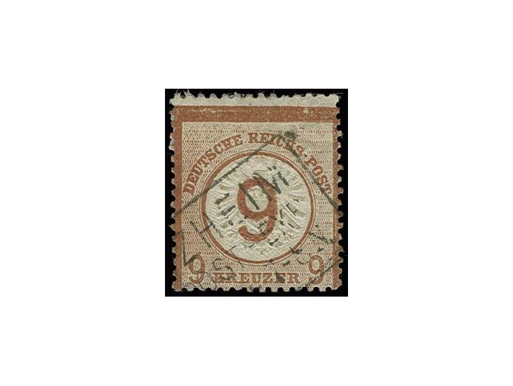 9 auf 9 Kr. braunorange mit Ra3 "PFORZHEIM / POST-EXP / ... 74" mit stark horizontal versetzter Zähnung ca. 2 mm nach oben ve
