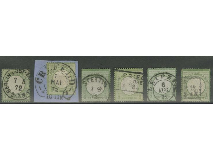 Plattenfehler: 1/3 Gr. gelblichgrün und smaragdgrün, Partie mit 6 verschiedenen Plattenfehlern (I, II, IV in der b-Farbe, VII