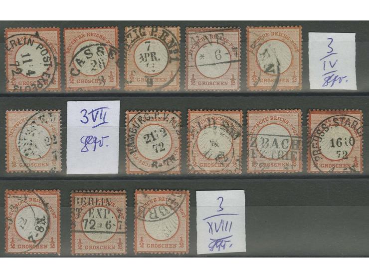 Plattenfehler: 1/2 Gr. ziegelrot, Partie mit 12 verschiedenen Plattenfehlern (Ia, II,III, 2x  IV, VII, VIII, IX, X, XI, XII, 