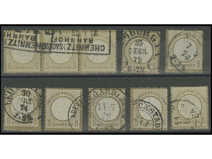 Plattenfehler: 5 Gr. ockerbraun, Partie mit 8 gestempelten Marken mit Plattenfehlern, alle signiert bzw. mit Fotobefund/Attes