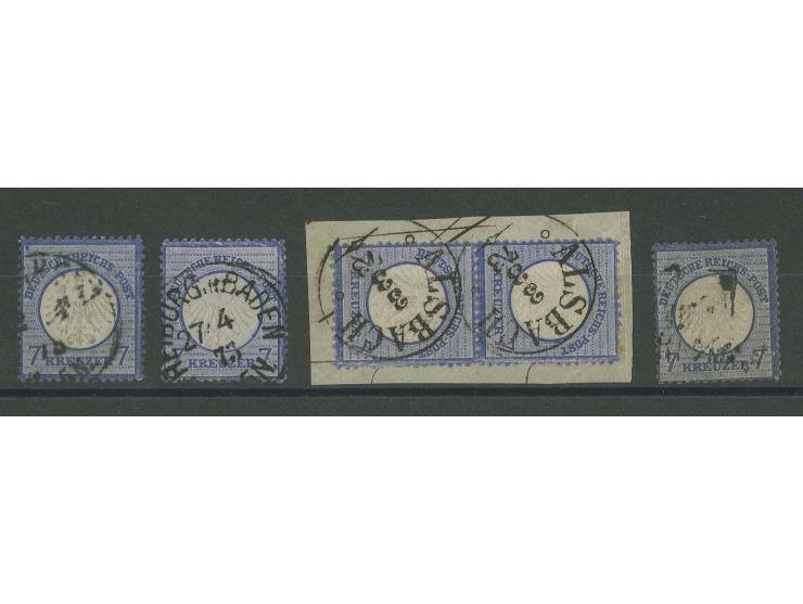 Plattenfehler: 7 Kr.. grauultramarin, Partie mit 4 verschiedenen Plattenfehlern (Mi.-Nr. 10 I, IV,V und VI), gestempelt, alle
