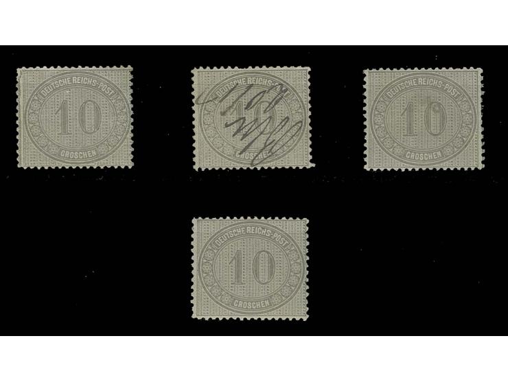 10 Gr. gelblichgrau, alle 4 Plattenfehler kpl. ungebraucht bzw. II mit vorgeschriebener handschriftlicher Entwertung (Zahnfeh