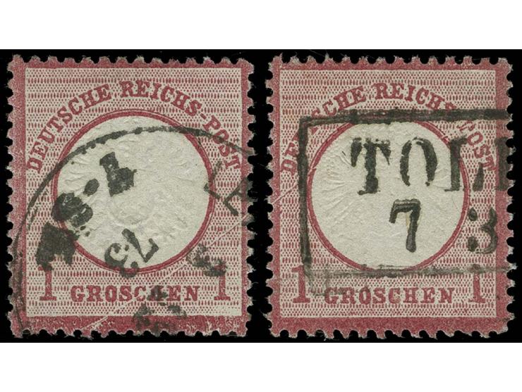 1 Gr. karmin, 2 Einzelstücke mit Plattenfehler "Heller Strich rechts durch GROSCHEN verlaufend" und "Heller Strich durch das 