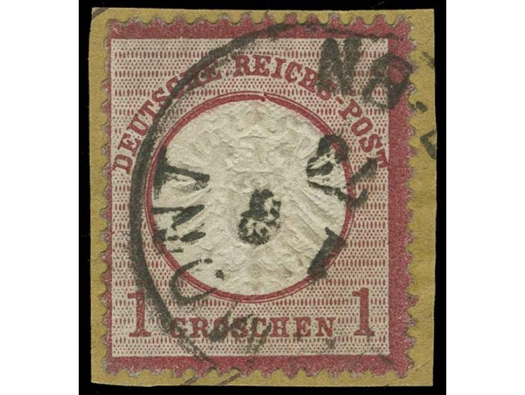 1 Gr. karmin mit Plattenfehler "Kreisbruch unter E in Reichs-" und Stempel "PYRMONT 1.3.73" auf Briefstück, Kabinett, selten,