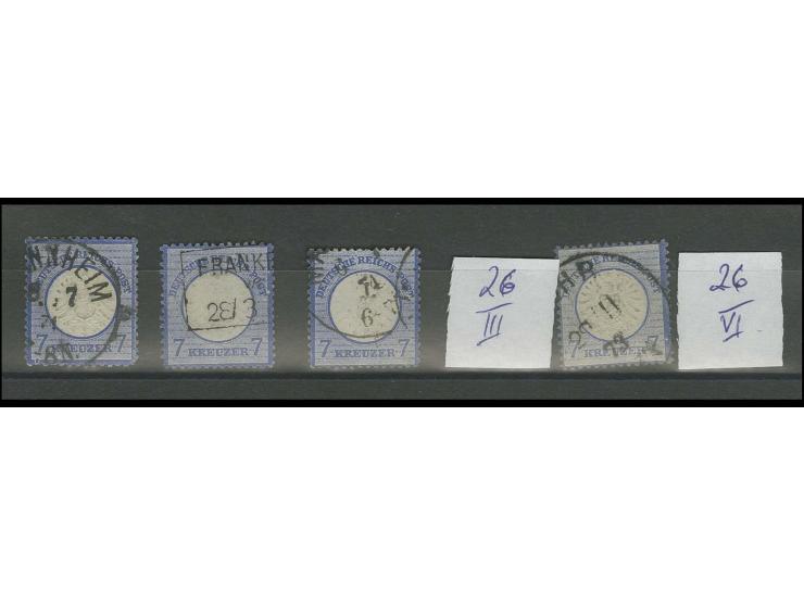 Plattenfehler: 7 Kr. grauultramarin, 4 gestempelte Marken mit den Plattenfehlern I-IV, alle signiert bzw. mit Fotobefund, Erh
