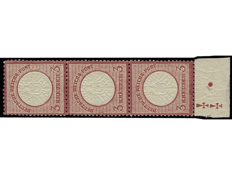 3 Kr. karmin, senkrechter 3er-Streifen mit unten anhängendem Bogenrand mit Plattenletter "zwei kopfstehende Kreuze", dabei di