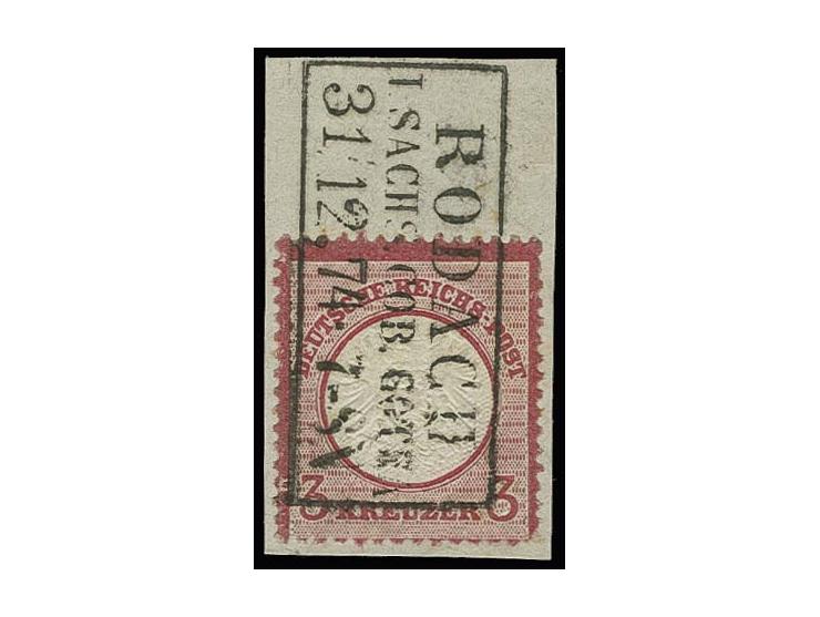 3 Kr. karmin mit Ra3 "RODACH / I. SACHS. COB. GOTHA / 31/12 74", klarer Letzttagsstempel auf Briefstück, die Marke hat zusätz