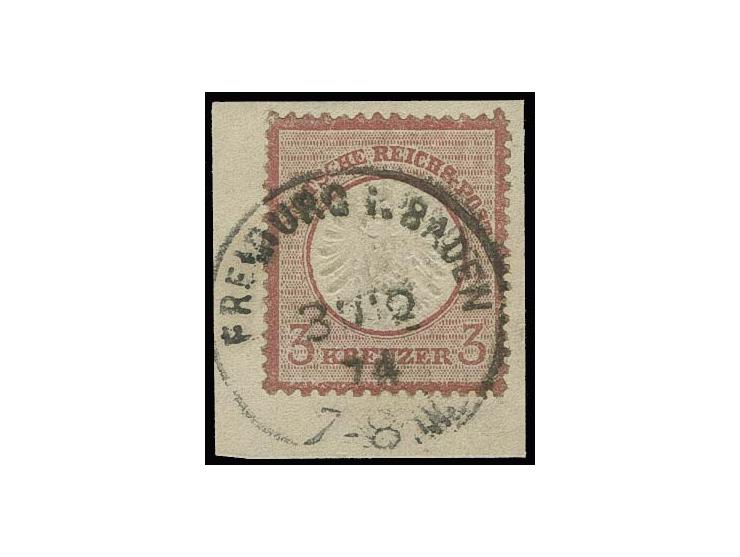 3 Kr. karminrosa mit aptiertem F(ranco)-Stempel "FREIBURG i. BADEN 31/12 74" auf Briefstück, klarer Letzttagsstempel, Fotoatt
