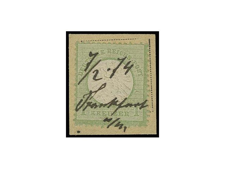 1 Kr. gelblichgrün mit handschriftlicher Entwertung "Frankfurt a/M 7/2 74" auf Briefstück, Kabinett, Fotobefund Sommer BPP