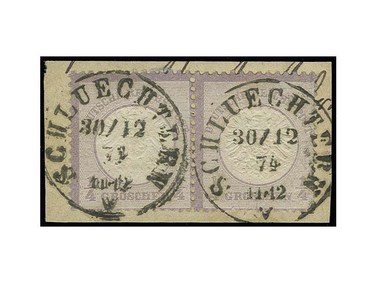 ¼ Gr. grauviolett im waagerechten Paar mit klarem T&T-EKr. "SCHLUECHTERN 30/12 74" auf Briefstück, Kabinett, Befund Krug BPP