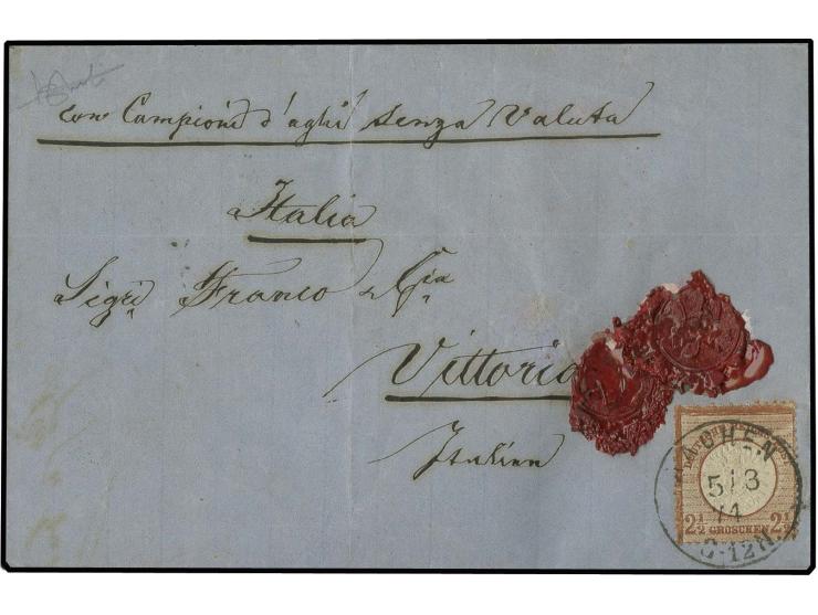 2½ Gr. rötlichbraun (teils kurze Zähne) mit EKr. "AACHEN 5/3 74" auf Faltbrief mit handschriftlichem Vermerk "Con Campione d'