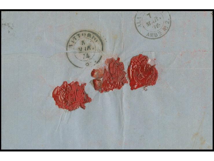 2½ Gr. rötlichbraun (teils kurze Zähne) mit EKr. "AACHEN 5/3 74" auf Faltbrief mit handschriftlichem Vermerk "Con Campione d'
