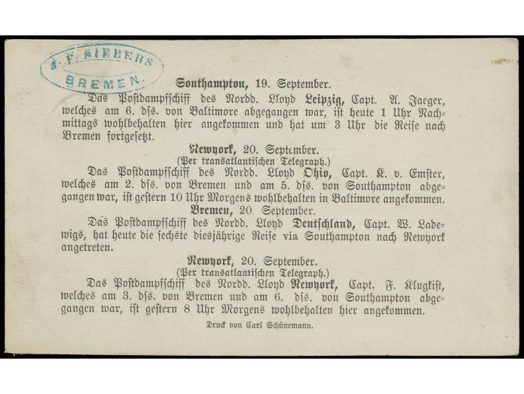 1/3 Gr. gelblichgrün mit EKr. "BREMEN 20 9" (1873) auf dekorativ vorgedruckter Drucksachenkarte des 'Norddeutschen LLoyd' nac