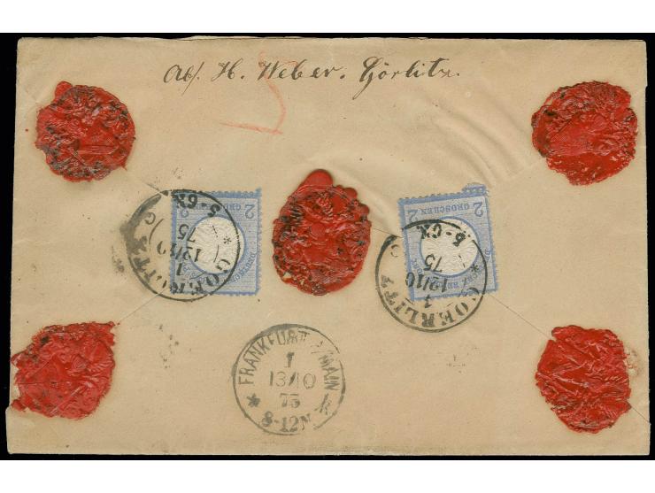 2 Gr. grauultramarin, 2 Einzelwerte rückseitig auf Wertbrief mit 10 Pfge. karmin von "GOERLITZ *c 12.10.75" nach Frankfurt mi