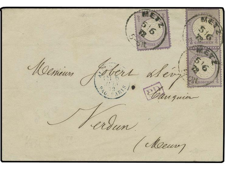 ¼ Gr. grauviolett, senkrechtes Paar und Einzelmarke mit EKr. "METZ 5/6 72" auf Drucksachenfaltbrief nach Frankreich, Marken m